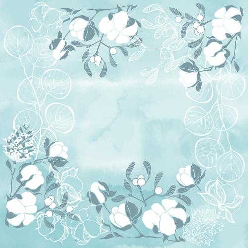 Cotton. Vector cotton branches eucalyptus mistletoe cones square frame on blue watercolor
