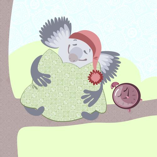 Vector for tableware Printing sleeping koala with a pillow and clocks on a tree