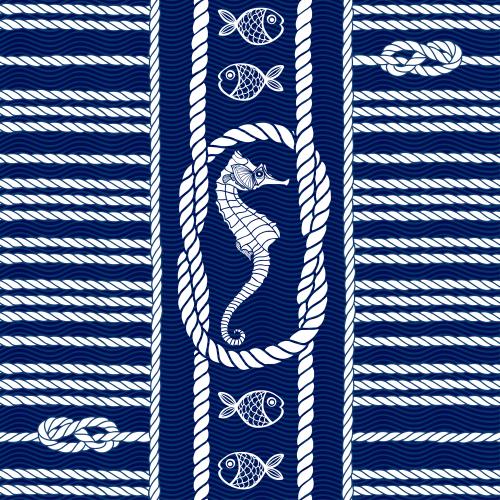 Rope. Vector ropes with nautical knots, fish and sea horse on blue waves
