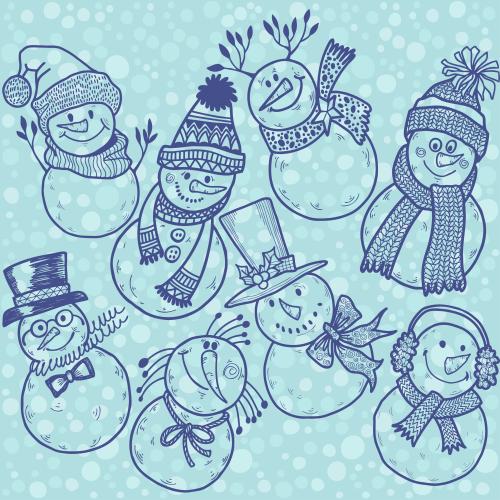 New year. Vector cartoonish snowmen on blue checkered