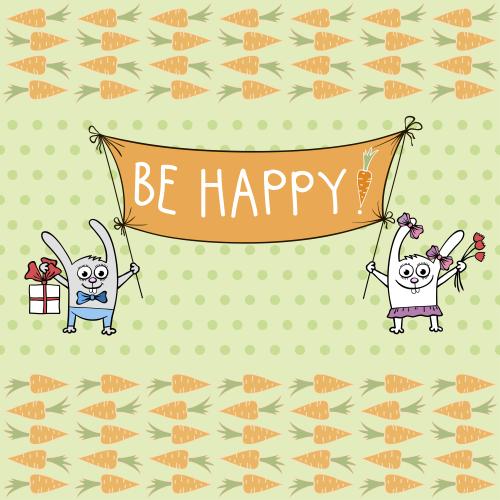 Rabbit. Vector cartoon rabbits, carrots and the inscription be happy