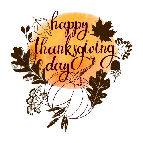 Vector image pumpkin orange watercolor fragment leaves acorn and text happy thanksgiving day on white