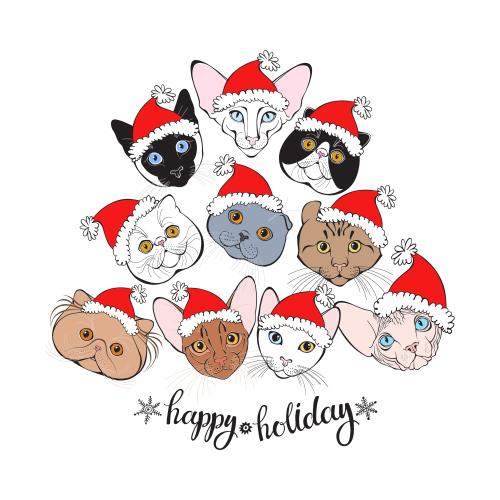 Vector image cute cat faces in holiday hats with happy holiday text on white