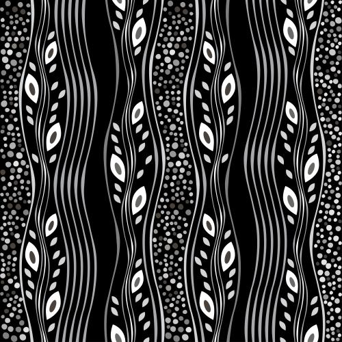 Vector image vertical wavy stripes monochrome checkered and leaves on black