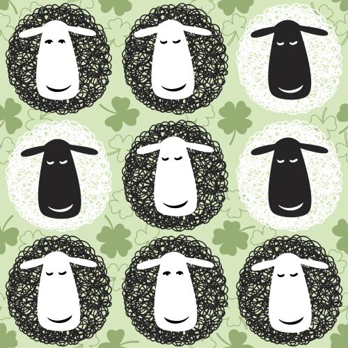 Summer. Vector cute cartoon-style sheep, clover leaves on green