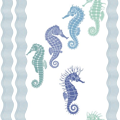 Illustration sea horses, colorful silhouettes, blue waves on white