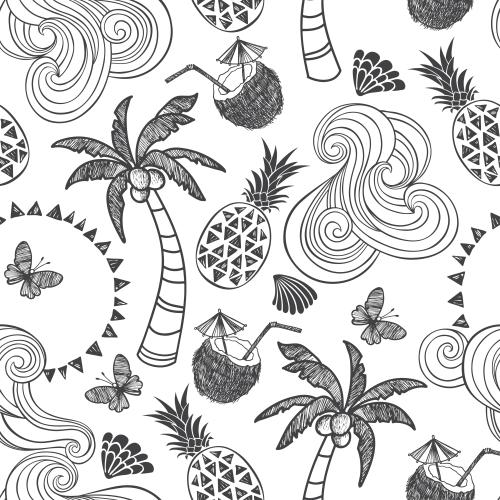 Shell. Vector sun, palms, pineapples, coconut cocktails, butterflies, shells, waves on white