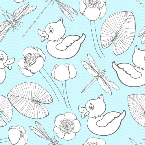 Vector image ducklings, dragonflies and water lilies on blue waves