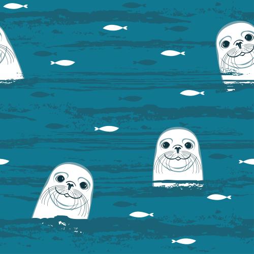 Seal. Vector cute seals, fish, textured waves on blue