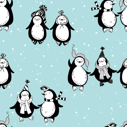 Penguin. Vector cartoon penguins snow on blue