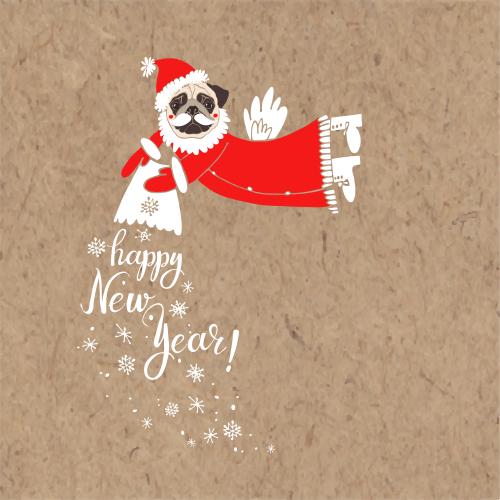 Pug. Vector funny pug in ded moroz costume scatters snowflakes