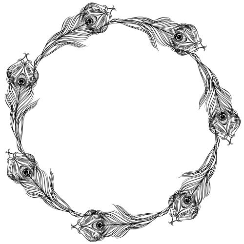 Feather. Vector round frame made of peacock feathers