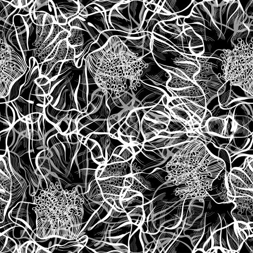Vector image contour abstract flowers with stamens on black