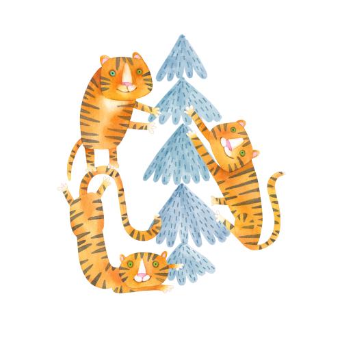 Tiger. Vector watercolor cartoon tigers and tree on white