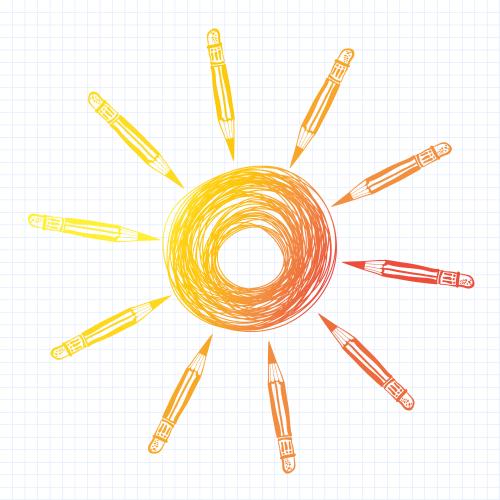 Sun. Vector stylized sun with rays made of colored pencils