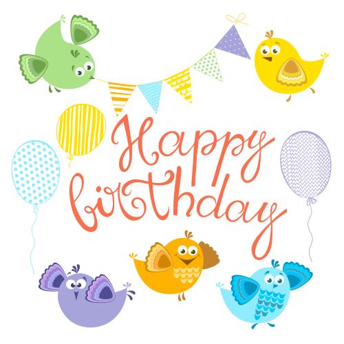 Birthday. Vector cartoon birds garland balloons happy birthday message on white