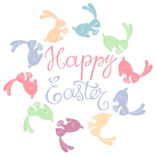 Vector image multicolored rabbit silhouettes with easter eggs and an inscription happy easter on white