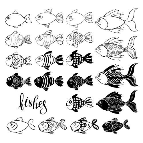 Vector image cartoon fish, various options on white