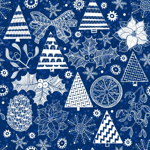 Bow. Vector christmas trees, christmas plants, pinecones, snowflakes on blue with polka dots
