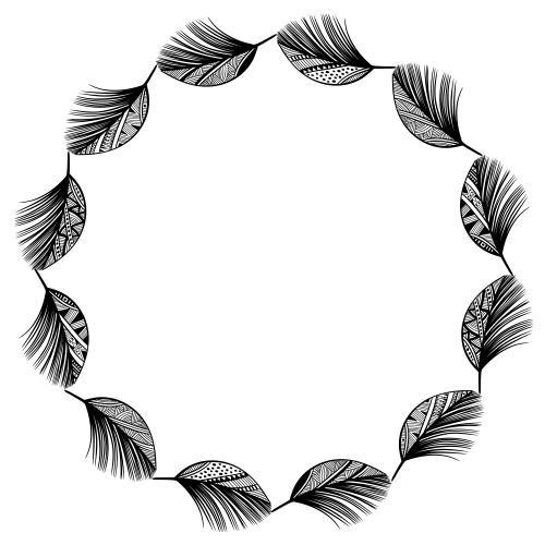 Feather. Vector round frame of black stylized feather silhouettes on white
