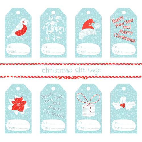 Bow. Vector eight pre-made tags with symbols of christmas and new year two festive red-and-white ribbons