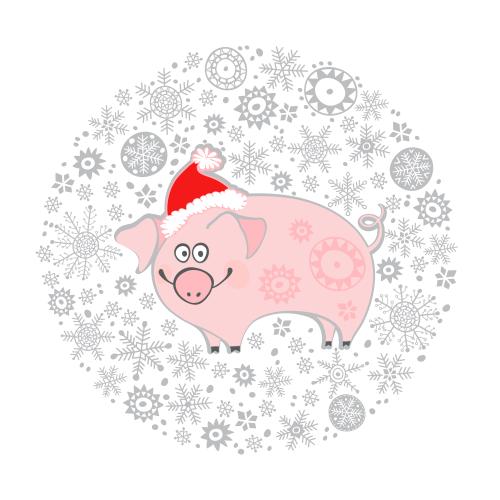 Snowflake. Vector cartoon pig in christmas hat in snowflake circle