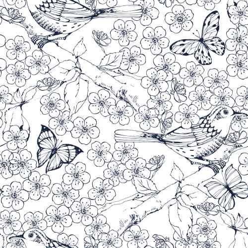 Tree. Vector birds butterflies and flowers on white