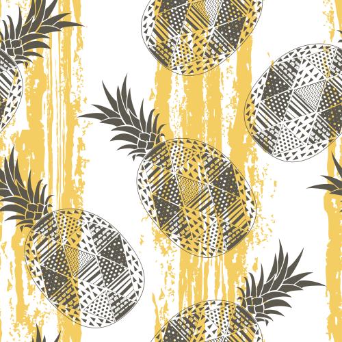 Fruit. Vector silhouettes of stylized pineapples and textured yellow stripes on white