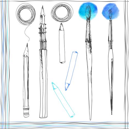 Vector image pencils brushes lines and colorful watercolor spots on white