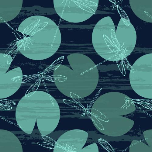 Waves. Vector dragonflies, water lily leaves, waves on blue