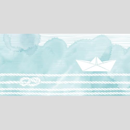 Vector image nautical theme postcard with ropes and nautical knots paper ship and blue watercolor fragment