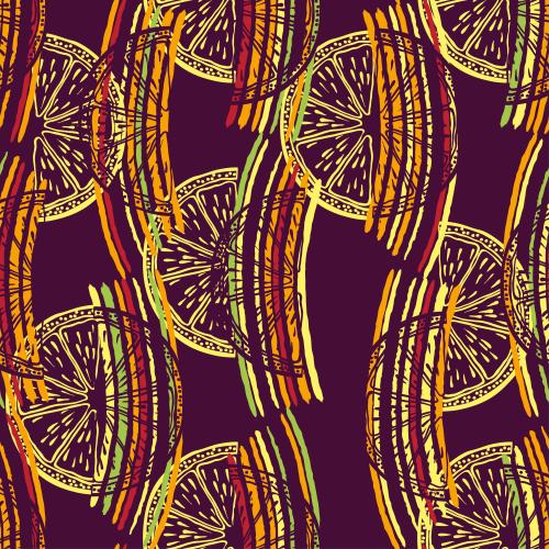 Vector image citrus fruit segments, colorful lines on dark purple