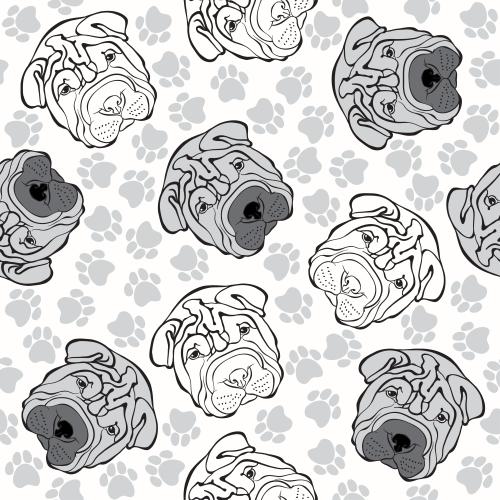 Female. Vector sharpey's heads silhouettes and contours paw prints on white