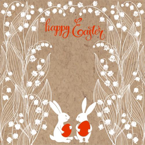 Rabbit. Vector lilies, cute rabbits with easter eggs, inscription happy easter on craft