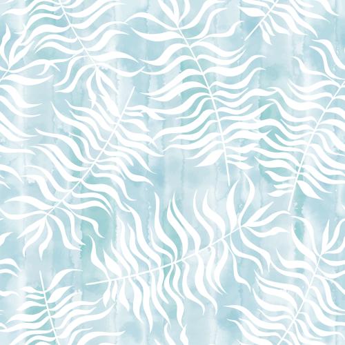 Vector image fern leaves, white silhouettes on blue watercolor