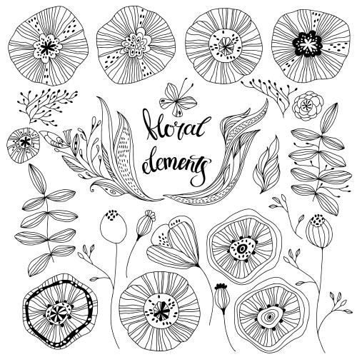 Illustration collection of plant elements and flowers in doodle style on white