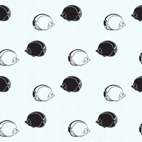 Wavy. Vector tropical fish black contours and silhouettes on blue waves