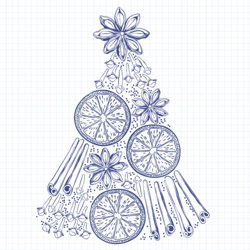 Notebook. Vector spice tree with orange slices, cinnamon sticks, clove, star anise on white checkered