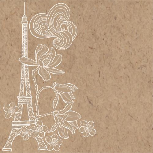 Vector image eiffel tower, magnolia, cherry blossom flowers, place for text on craft
