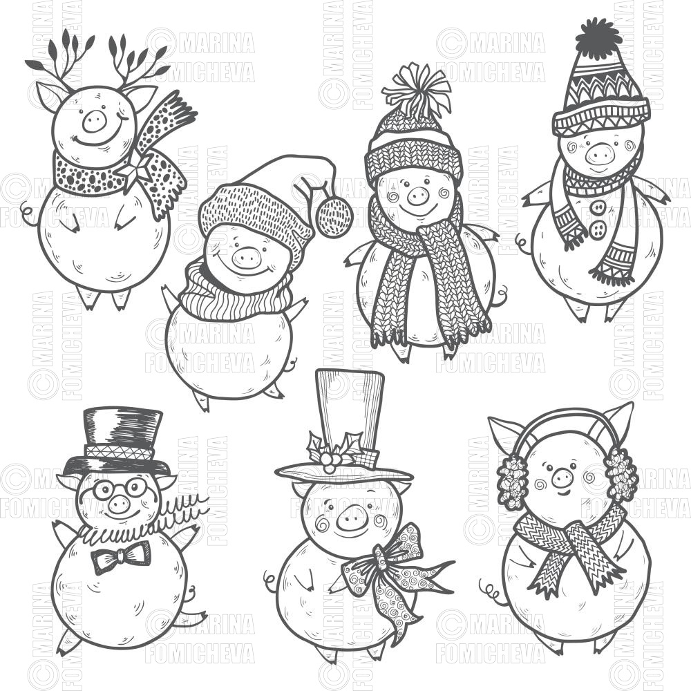 Vector image cartoon pigs in hats and scarves seven characters on white