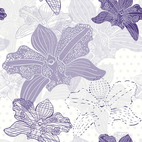 Orchid. Vector orchids in pastel lilac tones on a light checkered