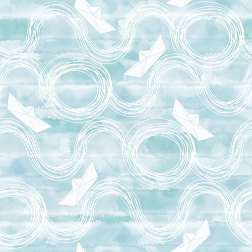 Vector image decorative waves, paper boats on blue watercolor