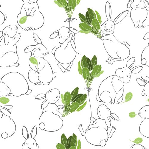 Spinach. Vector cute bunnies with spinach leaves on white