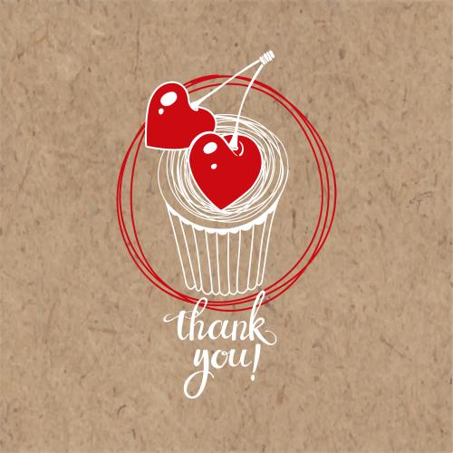 Dessert. Vector cake with cherry hearts and a thank you message on kraft