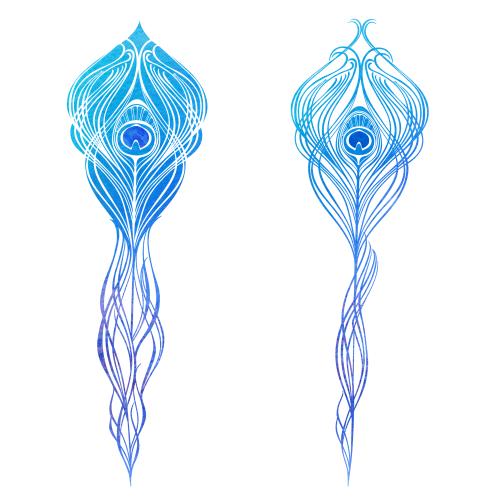 Raster image avarel stylized peacock feathers on white