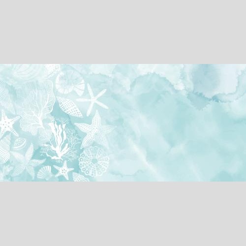 Scallop. Vector sea stars shells nautilus sea urchin corals algae place for text on blue watercolor