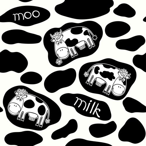 Animals. Vector Pattern cute cartoon cows, black decorative spots, moo, milk inscriptions on white