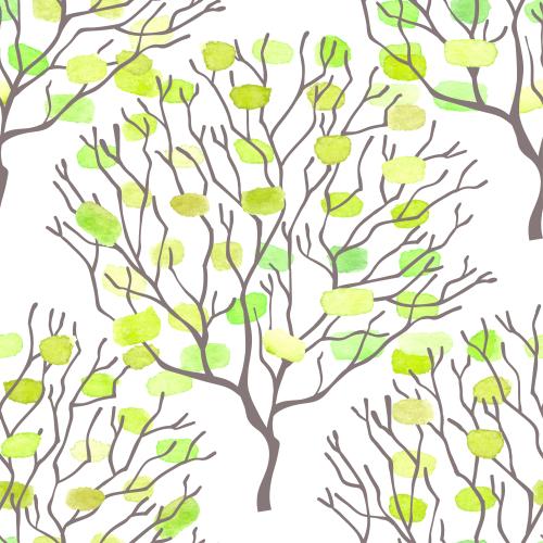 Vector image decorative trees and multicolored watercolor leaf spots on white