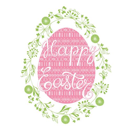 Illustration wreath made of fantasy flowers and plant elements, pink easter egg, inscription "happy easter" on white