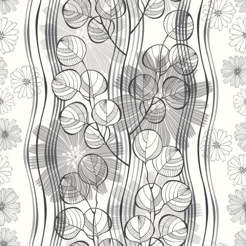 Stripe. Vector eucalyptus branches decorative silhouettes and outlines of flowers vertical wavy lines on light